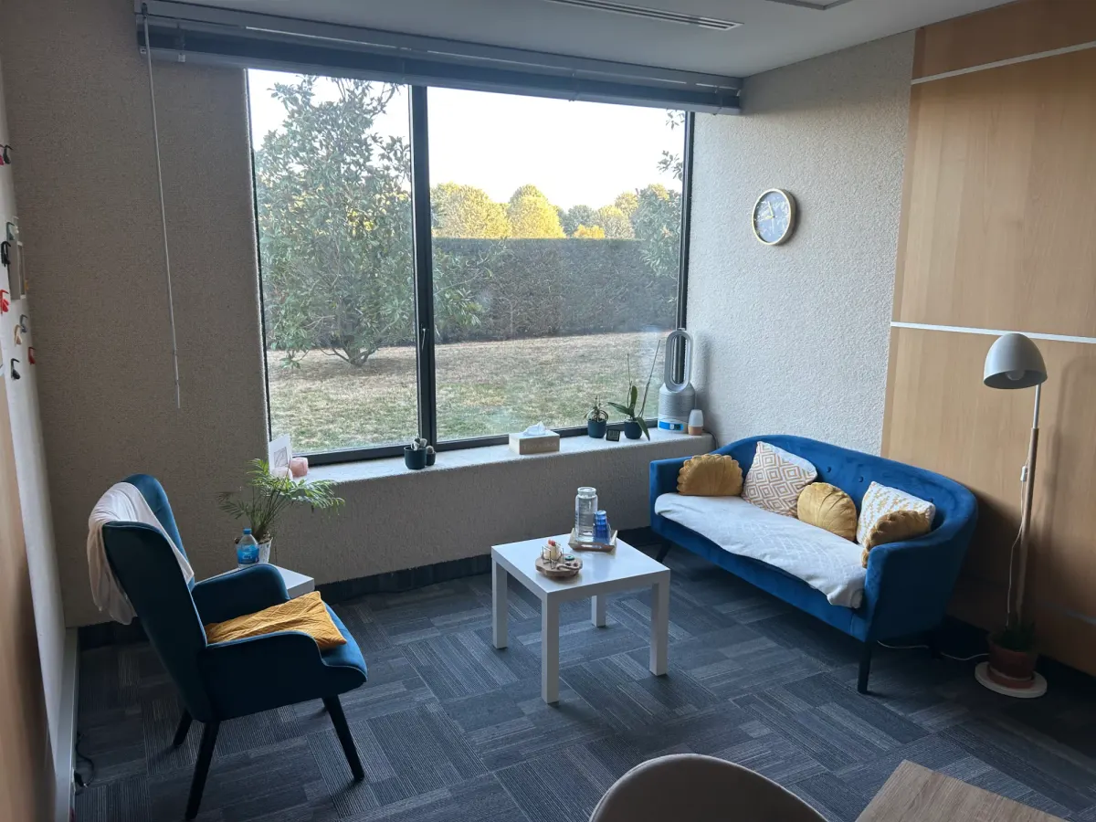 Coin salon du cabinet avec un canapé et un fauteuil bleus face à une grande fenêtre sur un jardin